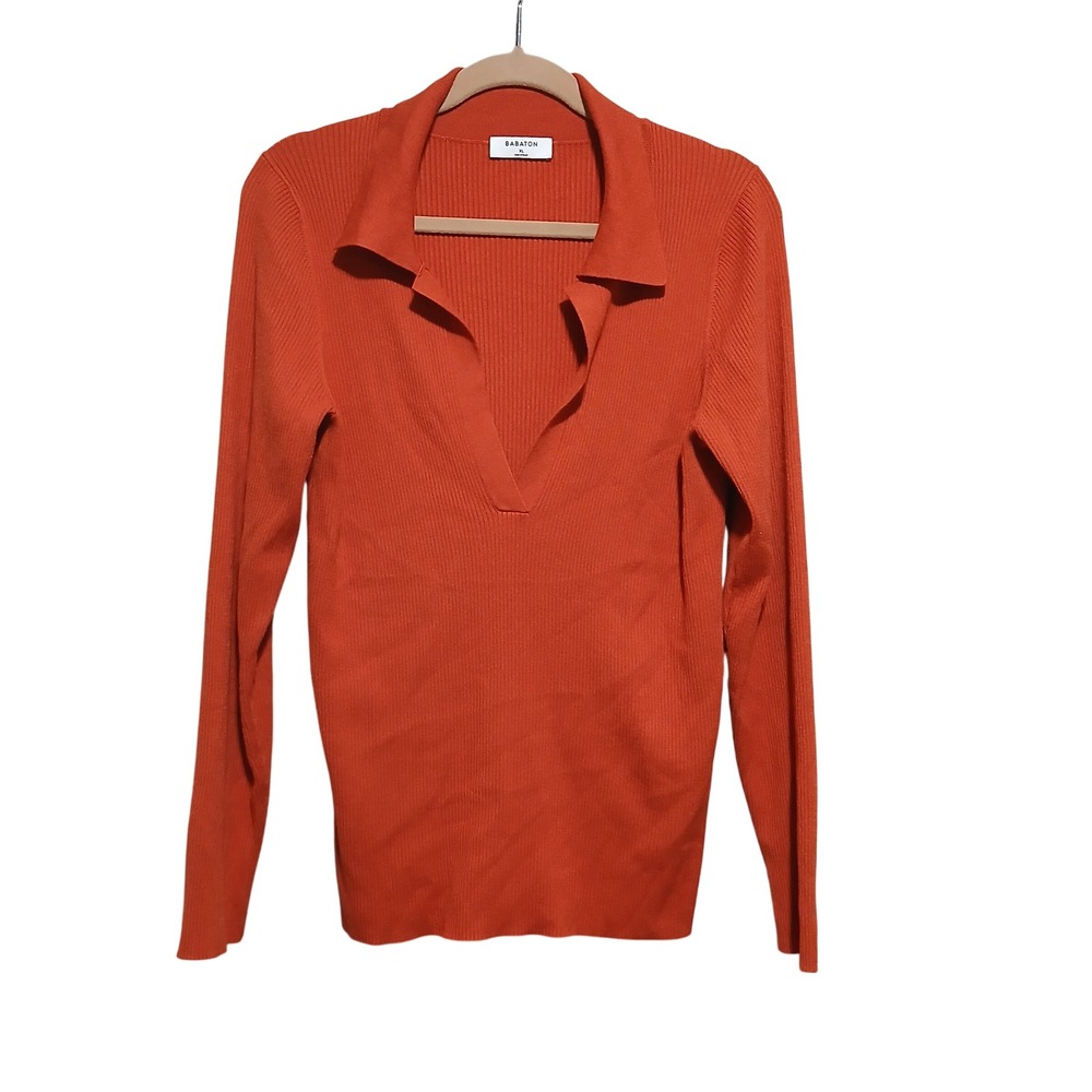 BABATON Orange Ribbed V Neck‎ Collar Long Sleeve Sweater Knit Top XL - Picture 4 of 10